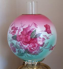 XLNT Antique Fostoria Hand Painted Turquoise & Fuchsia Floral GWTW Oil Lamp