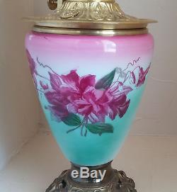 XLNT Antique Fostoria Hand Painted Turquoise & Fuchsia Floral GWTW Oil Lamp