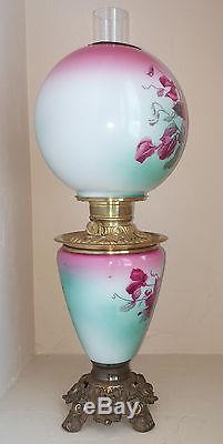 XLNT Antique Fostoria Hand Painted Turquoise & Fuchsia Floral GWTW Oil Lamp