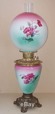 XLNT Antique Fostoria Hand Painted Turquoise & Fuchsia Floral GWTW Oil Lamp