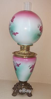 XLNT Antique Fostoria Hand Painted Turquoise & Fuchsia Floral GWTW Oil Lamp